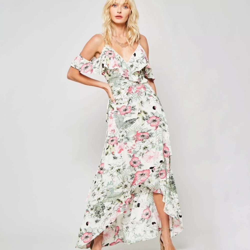 White & Floral Shoulder Cut-out Maxi Dress